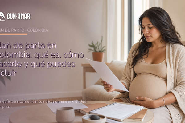 Mujer embarazada revisando documentos para preparar su plan de parto en Colombia